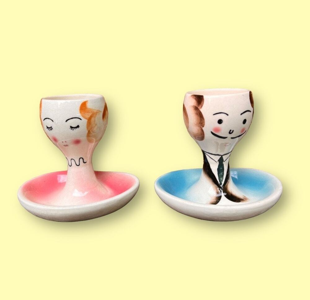 Vintage 50s 60s Couple Egg Cups Dishes Pair Flapper Style Mid Century Ceramic